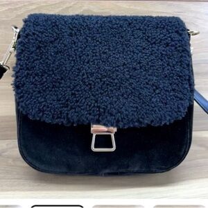 Theory Perry Velvet Bag Shearling Flap leather strap gold accents event evening